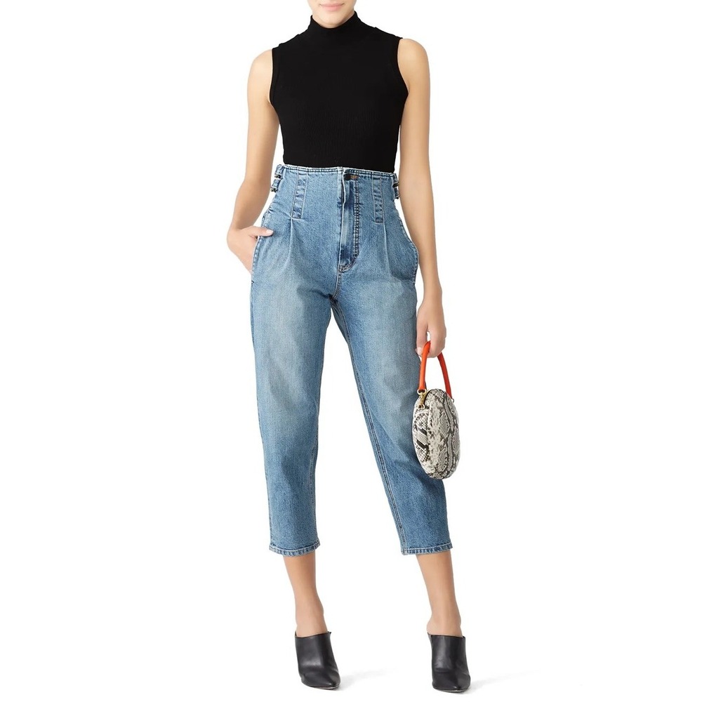 COLOVOS Vintage Buckle Jeans High Waisted Light Wash‎ Blue Tapered French Girl 0